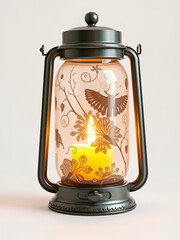 A realistic shot of a candle lantern with a deepsea amphipod pattern, realistic metal, clean white background, soft lighting