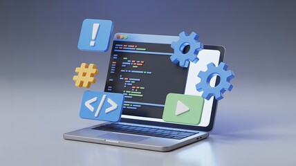 Laptop Screen Showing Green Programming Code with Floating 3D Icons Representing Software Development, Web Design, and Digital Technology