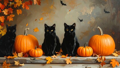 Vintage Halloween party background with black cats, orange pumpkins, and falling autumn leaves, clear space for message