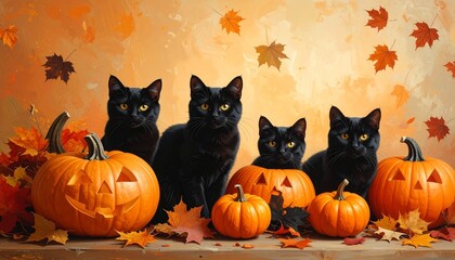 Vintage Halloween party background with black cats, orange pumpkins, and falling autumn leaves, clear space for message