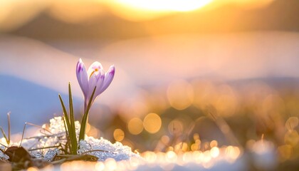 Solitary crocus emerging from melting snow, bathed in warm sunset light