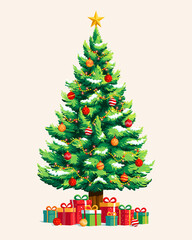 Beautiful decorated Christmas tree with gifts isolated, ornaments, and lights for Christmas mockup template, symbolizing Merry Christmas celebration, vector illustration
