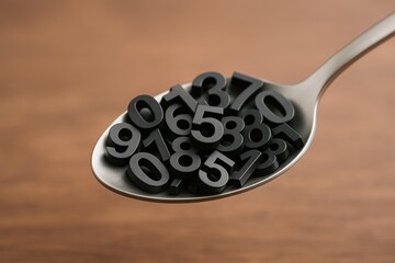 Silver spoon is heaped with black numeric digits on wooden surface