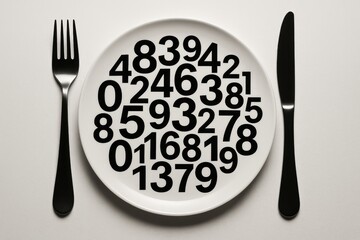 Plate covered with bold black digits arranged in jumble between left fork and right knife, grayscale