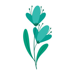 Simple Blue Flower Illustration with Green Stems and Leaves on White Background
