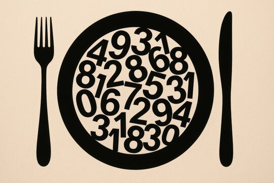 Plate filled with overlapping black numbers sits on beige background, flanked by fork and knife