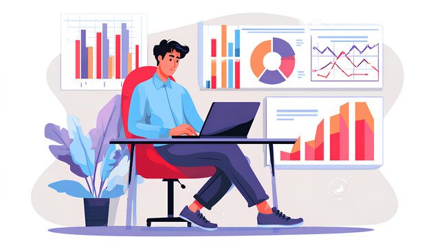 Data analysis. Statistical graphs and financial charts. Business intelligence and data-driven strategy. Businessman using laptop computer to analyze business data. Stock Illustration