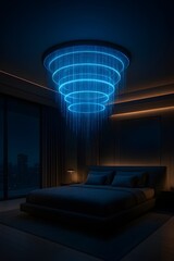 Futuristic Luxury Bedroom with Floating Holographic Chandelier