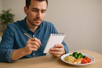 Caucasian man in denim shirt writes notebook at wooden table plate of salmon, rice, broccoli, and tomatoes nearby