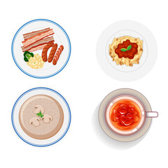 A Delicious Collection of Four Diverse Meals and Drinks with a White Background