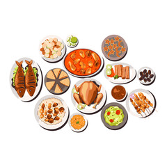 A delicious spread of assorted Pakistani and Indian food dishes presented from a top view