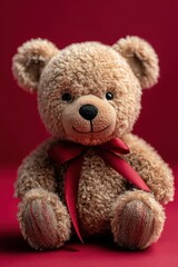 Fototapeta premium Teddy Bear's Gentle Smile: A close-up studio shot of a plush teddy bear against a vibrant red background. This image captures the comforting essence of childhood.