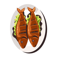 Two grilled fish on a white plate with lettuce and dark sauce