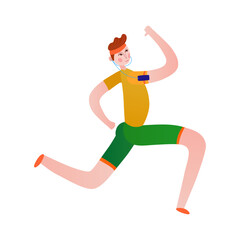 Energetic man running with arm up in the air, wearing headphones and armband