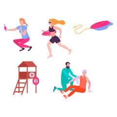 Lifeguard assistance and rescue from a pool and beach scene with medical aid