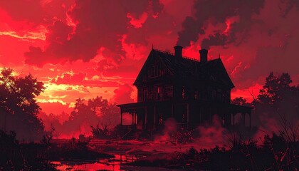 Creepy abandoned Victorian mansion silhouetted against a blood-red sky, with smoky shadows and room for text overlay