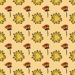 Seamless Folk Art Flower Pattern with Yellow Dandelions and Brown Background