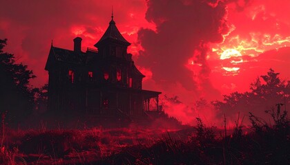Creepy abandoned Victorian mansion silhouetted against a blood-red sky, with smoky shadows and room for text overlay