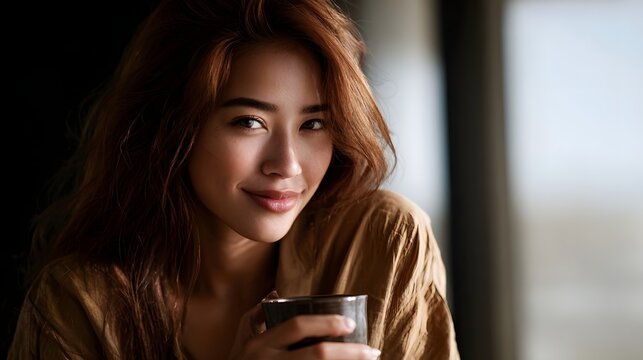 A young woman holds a warm mug of coffee bathed in soft natural light near a window with a gentle smile