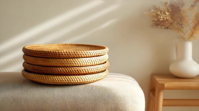A small stack of rattan trays on a modern ottoman with minimal wall decor and soft indirect light,