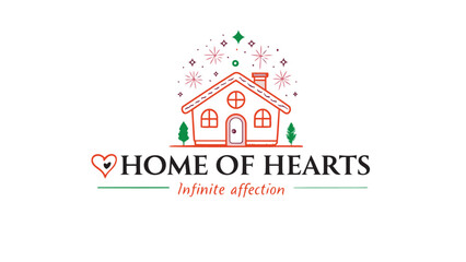 Fototapeta premium HOME OF HEARTS Logo – Heart-Shaped House Icon, Infinite Affection Tagline, Love, Care, Family, Emotional Home Branding Vector