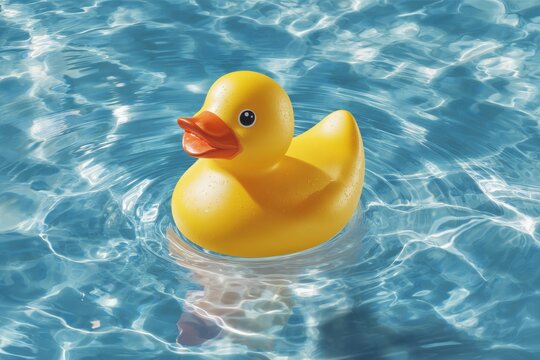 Sunny Rubber Duck Serenity: A cheerful yellow rubber ducky floats serenely on a clear blue surface, bathed in sunlight, evoking feelings of joy and playful nostalgia.