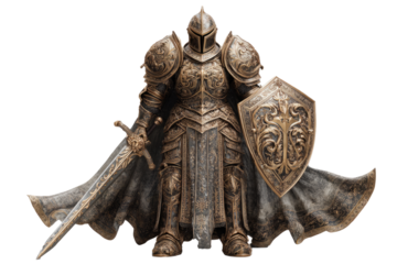 Medieval Knight Statue with Sword on White