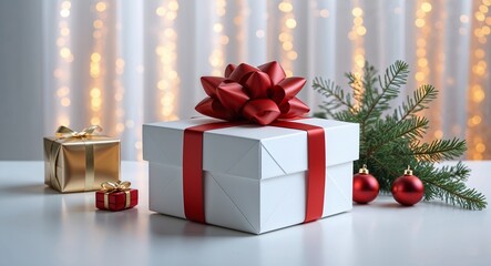 White gift box with red ribbon and bow on festive table