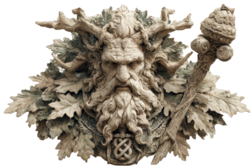 marble druid bust wreathed in oak leaves, staff topped with acorn, Celtic knotwork relief, white background