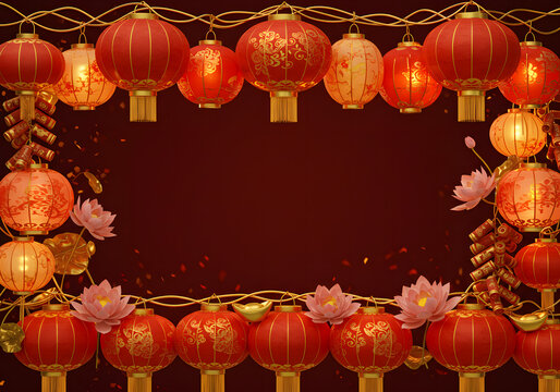 Luxury festive background with traditional Chinese red lanterns, gold ingots, and decorative floral patterns
