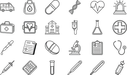 Hospital, Ambulance, DNA, Pills, Syringe, Stethoscope, Microscope, First Aid Kit, Thermometer, Report, Injection, Emergency Bell, Vaccine, Laboratory Flask, and Medical Cross Line Icons on White Backg