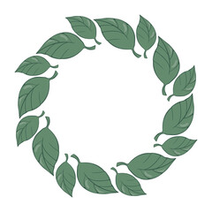 Simple autumn wreath with green leaves, round frame with hand drawn green leaves