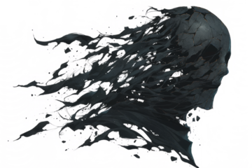 Cracked mask silhouette leaking black smoke and cold mist, tiny flecks