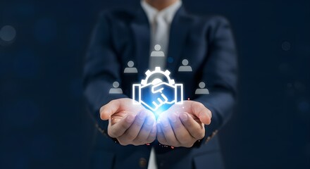 Concept of business partnership, collaboration, and teamwork displayed as glowing digital icon on hands.