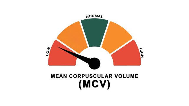 Animated MCV (mean corpuscular volume) level meter moving from low level to normal level, ideal for concepts related to blood health, anemia management, and medical monitoring.