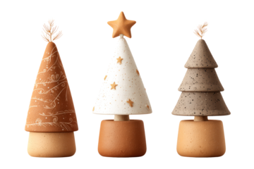 ceramic cone tree matte terracotta with carved motifs and clay star topper, minimal rustic styling, white background