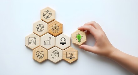 Hand placing sustainable idea block into business core values strategy puzzle on white background