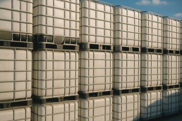 Obraz premium Plastic fuel process. Storage containers stacked neatly in an industrial setting under a clear blue sky.