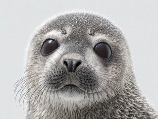 Playful Seal Pup's Portrait: A close-up studio portrait of a charming seal pup, whose expressive eyes convey curiosity and a playful nature. Every detail is captured in stunning clarity.