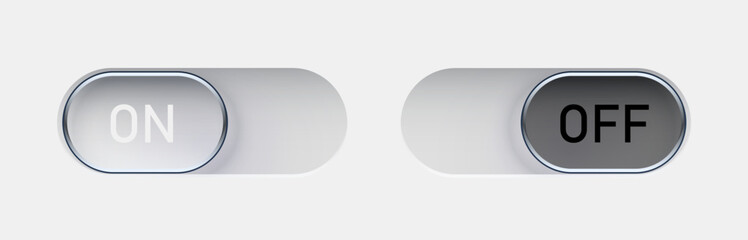 On and Off toggle switch buttons. Modern liquid glass button set. Material design switch set.