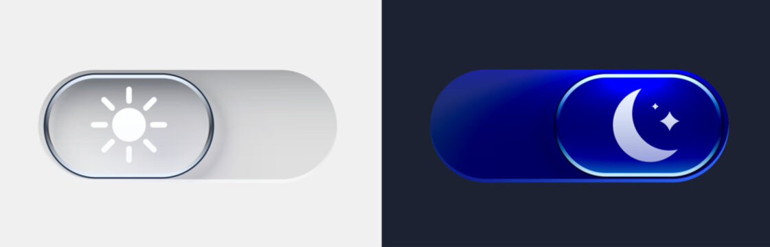 Dark mode and light mode. Modern liquid glass button set. Material design. Day and night mode switch button.