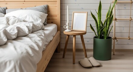 Cozy bedroom scene featuring a wooden bed, a small table, and a potted plant.