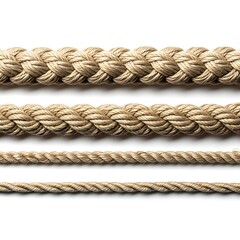 Close up of four different types of natural fiber rope arranged horizontally on a white background