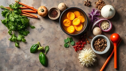 Vibrant Asian ingredients on rustic stone, fresh herbs and spices, warm natural lighting.