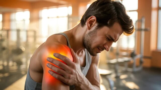 Dynamic gym scene shows athletic man experiencing shoulder pain after intense workout session, ideal for fitness, health, and wellness campaigns
