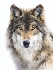 Fototapeta premium Majestic Gaze of a Wolf: A close-up shot of a gray wolf, its amber eyes piercing the lens, conveying strength, wisdom, and the untamed spirit of the wilderness.