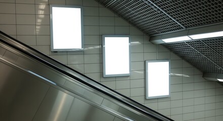 Three blank advertising billboards are mounted on a tiled wall next to an escalator in a public space.
