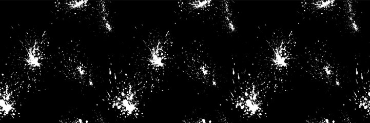 White paint splatter sprinkle seamless pattern. Ink drops and dots on black bg. Vector Halloween horror backdrop. Endless dribble drizzle texture. Halloween wrapping paper. Urban banner template