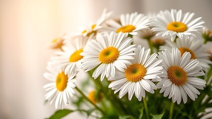 Fresh daisy bouquet bathed in soft sunlight, showcasing delicate pastel petals.