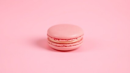 A single pink macaron centered on a soft pink background, highlighting its delicate texture.